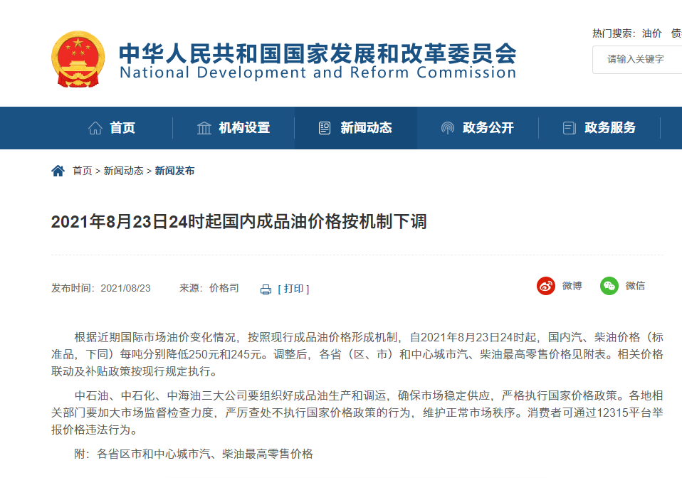 [轉載]2021年8月23日24時起國內成品油價格按機制下調